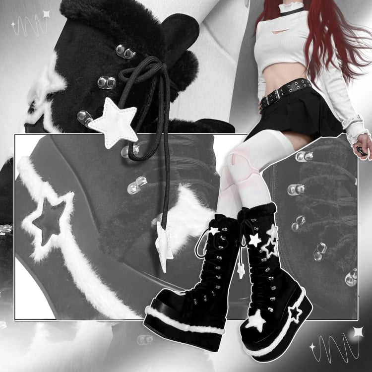 Fleece Star Patches Winter Black Platform Boots