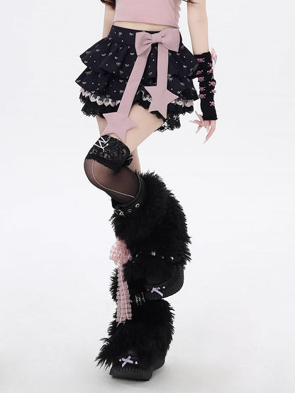 Allover Bowknot Print Schleife Spitze Rosa Große Schwarze Gefütterte Stufenrockbesatz