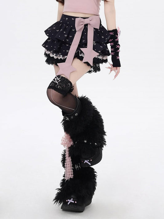 Allover Bowknot Print Schleife Spitze Rosa Große Schwarze Gefütterte Stufenrockbesatz