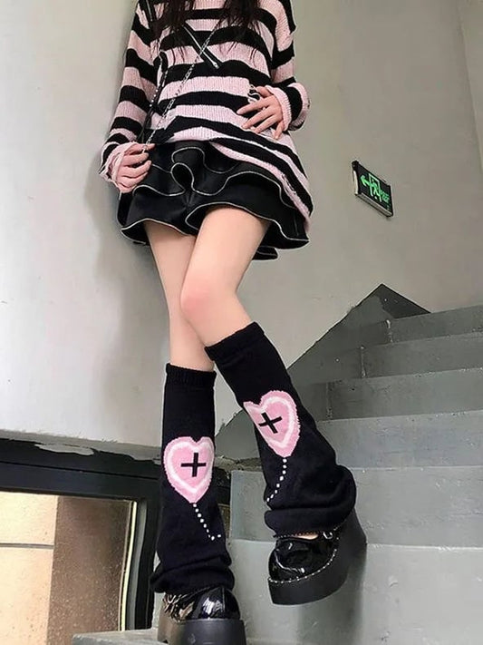 Yami Kawaii Black Y2K Heart Cross Pattern Leg Warmers