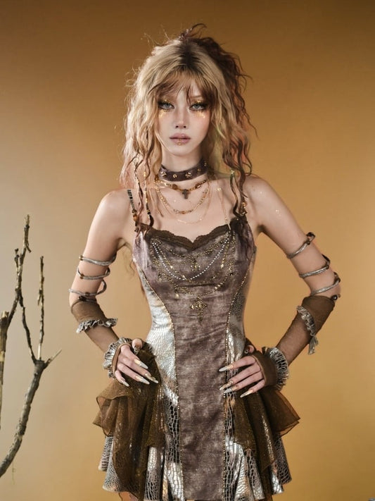 Asymmetrical Snakeskin Hem Pattern Punk Wasteland Brown Contrast Lace Patches Top Cami