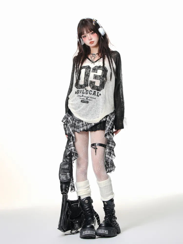 White/Black Y2K Asymmetrical Black Skirt Red Hem