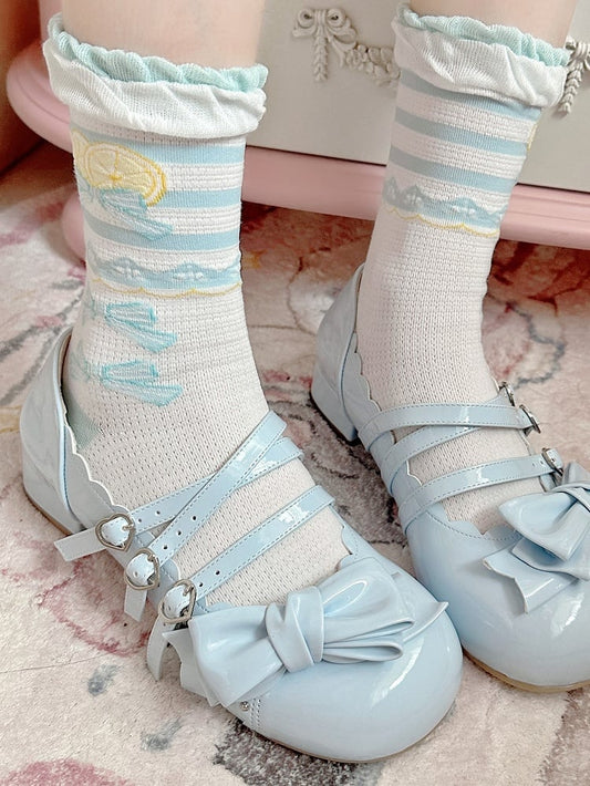 Blue Ruffle Socks Bowknot Print Lolita Lemon Trims Calf Sweet