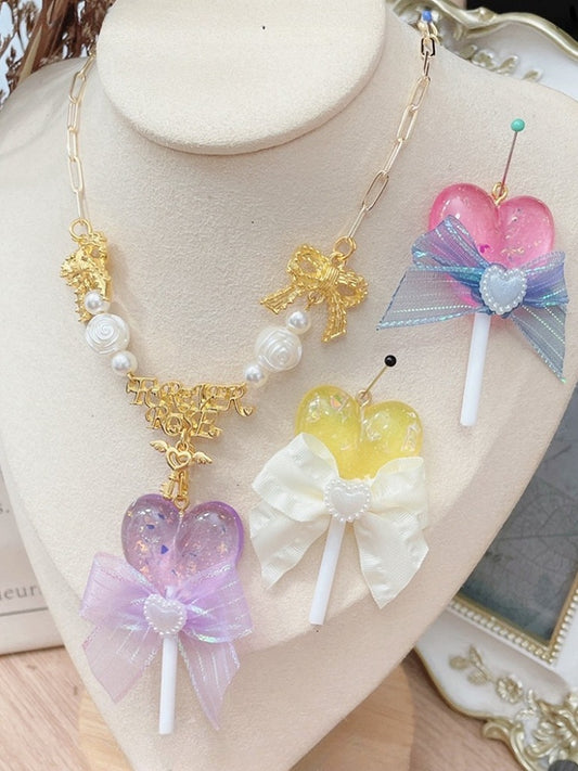 Necklace Bowknot Decorated Pendant Yellow/Pink/Purple Lollipop Beaded And