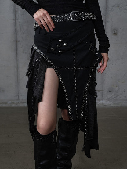 Rock mit Verzierungen PU Taschentuch Saum Punk Gothic Metal Schwarz