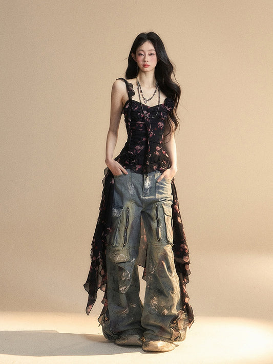 Black Sweetheart Neckline Sleeveless Top Asymmetrical Hem Chiffon Floral