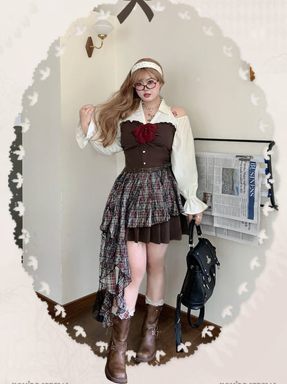 Plaid Waist Accessory with Cascading Ruffles Size Black Plus Brown /