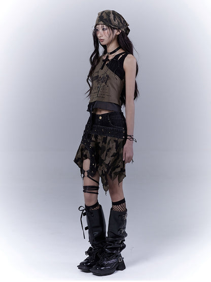 Grünes, geschnürtes Schulter- und asymmetrisches Saum-Tanktop Wasteland Punk Army