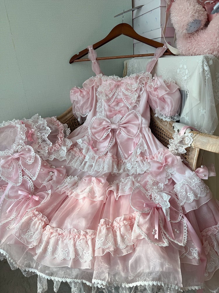 Sweet Lolita Princess Bead Dress Bow and at Back with Pink Big Accents Details
