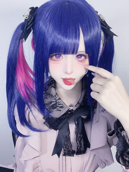 And Length Bangs Pink Highlight With Wig 70CM Blue Straight
