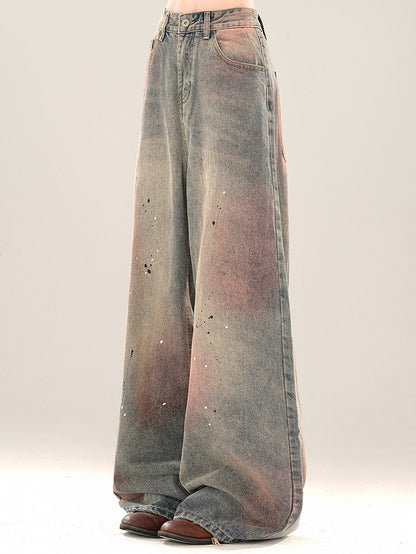 Wide-leg Wash Pink Splash Ink Details Cut Blue Jeans and Faded