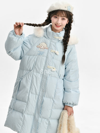 Blue Cute Lamb Applique Bowknot Details Hooded Down Coat Long Version
