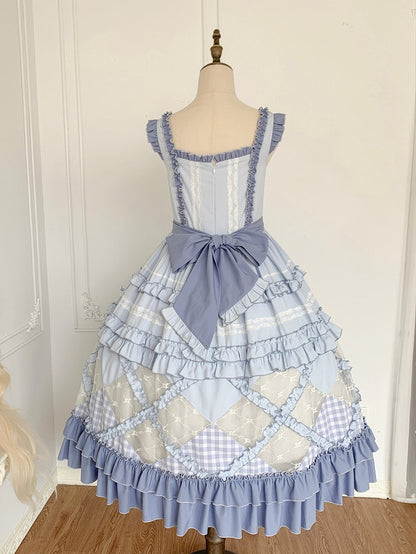 Blue Gingham Pattern and Floral Lace Patches Skirt Casual Lolita Dress