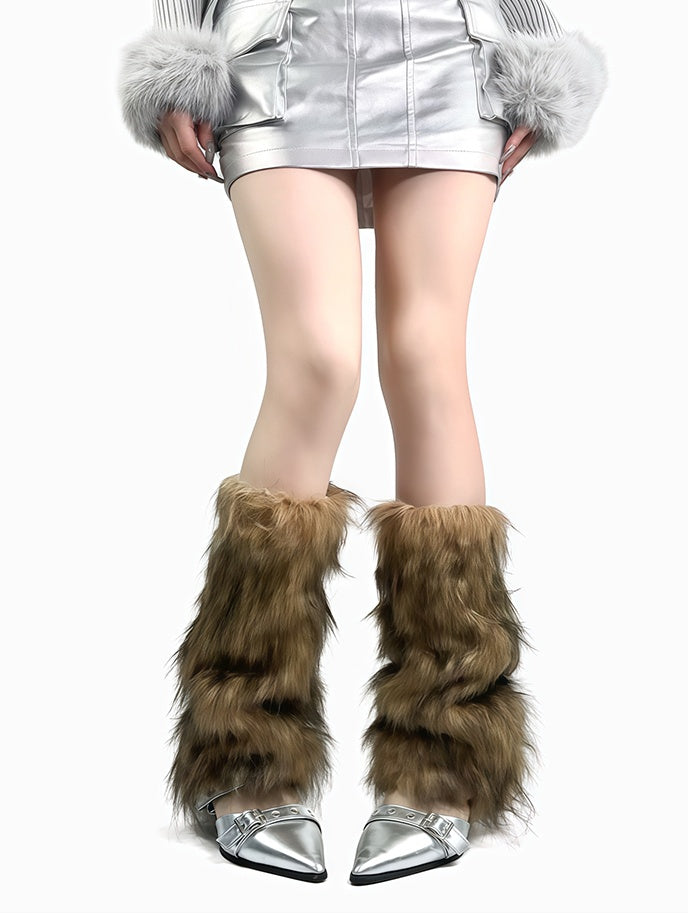 White/Brown Y2K Shaggy Leg Warmers
