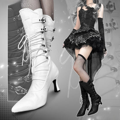 Gothic Black Lace-up Detail Pointed Toe Punk Boots