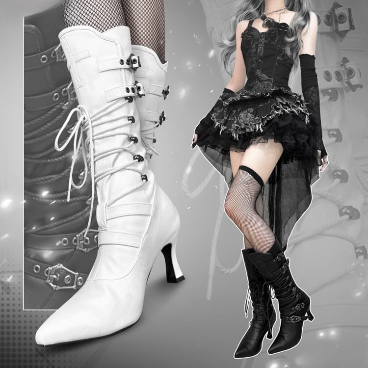 Gothic White Lace-up Detail Pointed Toe Punk Boots