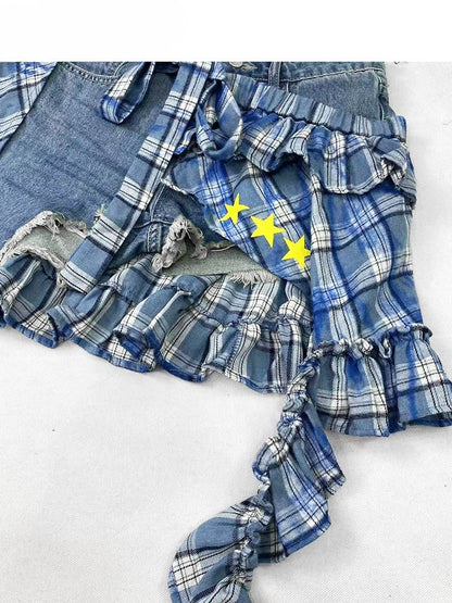 Warmers + Blue Print Hem Shorts Glamorous Pattern Bittersweet Asymmetrical Star Set- Plaid Applique Skirt Leg Cross