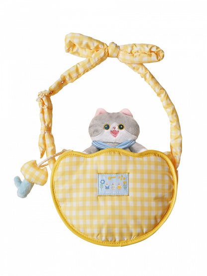 Cute Tulip-shaped Yellow Plaid Crossbody Bag with Kitty Plushie