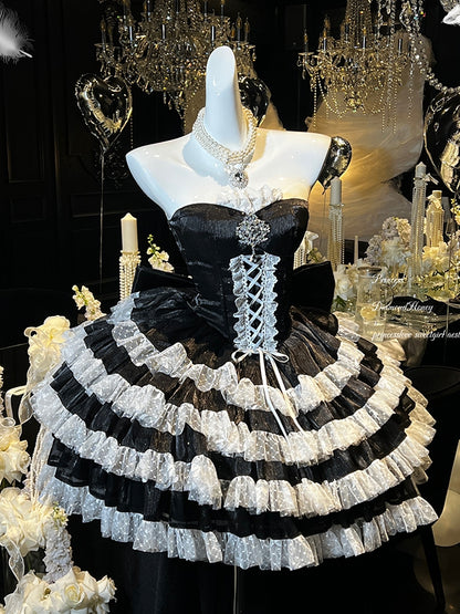 Shimmering Black Corset Waist Layered Skirt Strapless Party Dress