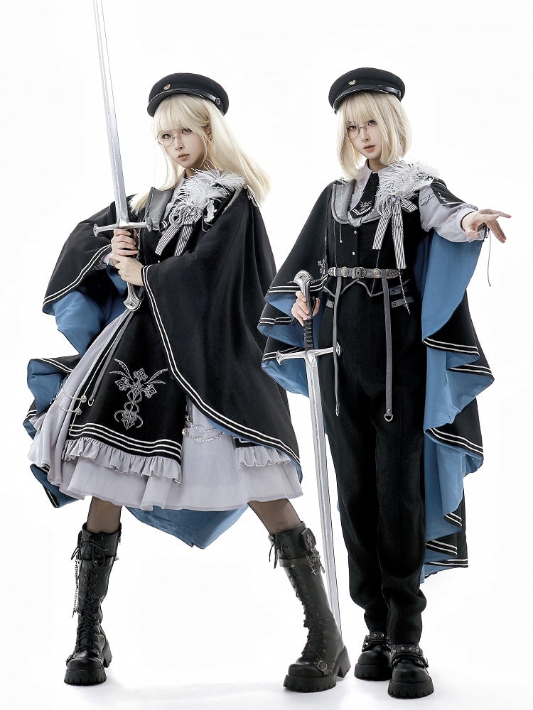 Military Waistcoat Black Pants Sleeves Shirt Gray + Lolita Prince Outfit-Long Fashion Ouji Waist High And