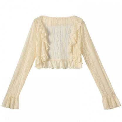 Beige Ruffled Trim Open Placket Lace Top