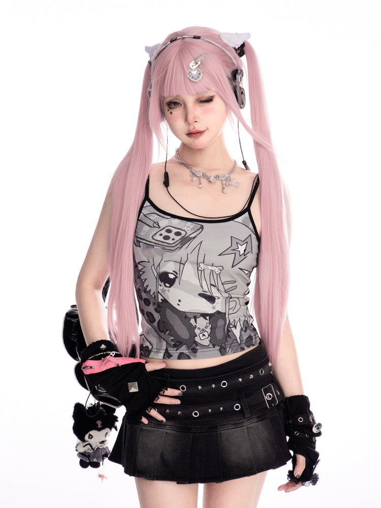 Y2K Cartoon Print Black Scoop Neckline Slim-fitting Cami Top