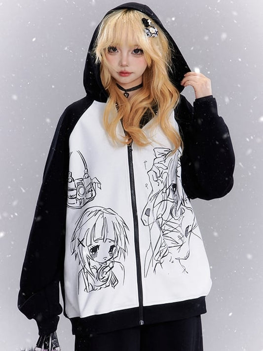 Black and White Manga Girls Print Colorblock Zip Hoodie