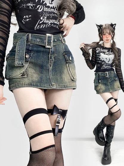Vintage Dark Blue Distressed Denim Glamorous Skirt with Cargo Pockets