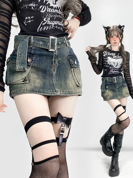 Vintage Dark Blue Distressed Denim Glamorous Skirt with Cargo Pockets