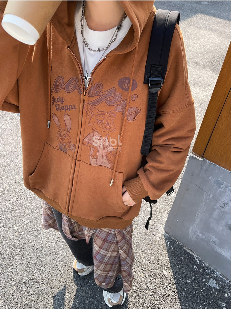 Zootopia Judy and Nick Print Brown Zip Hoodie