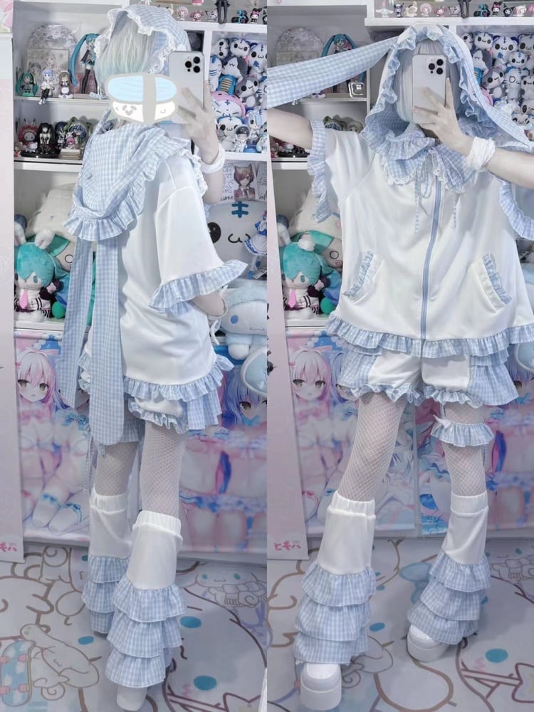 White Blue Plaid Tiered Leg Sleeves