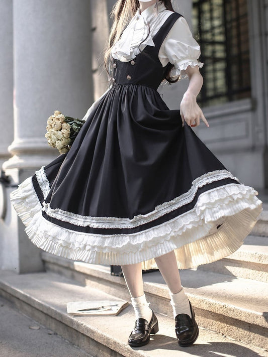 Preppy Style Black High Waist Overall Dress with Beige Lace Trim