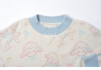 Beige Cute Lamb Pattern Sweater with Scalloped Edge Trim