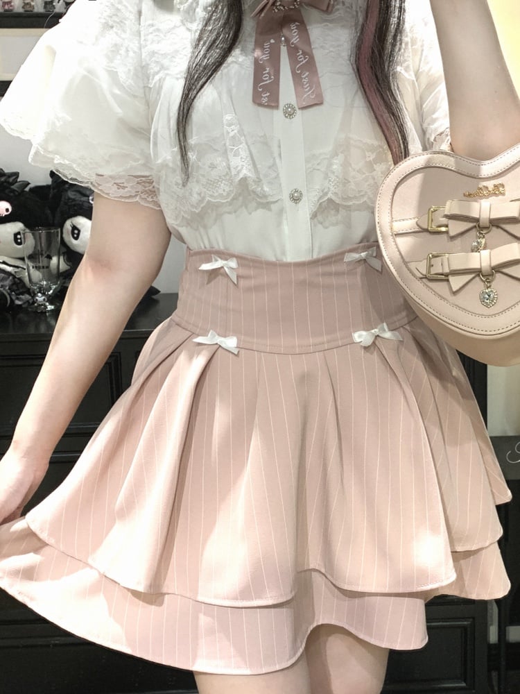 Bowknot Details Tiered Striped Skirt Jirai Kei Black/Pink/Blue