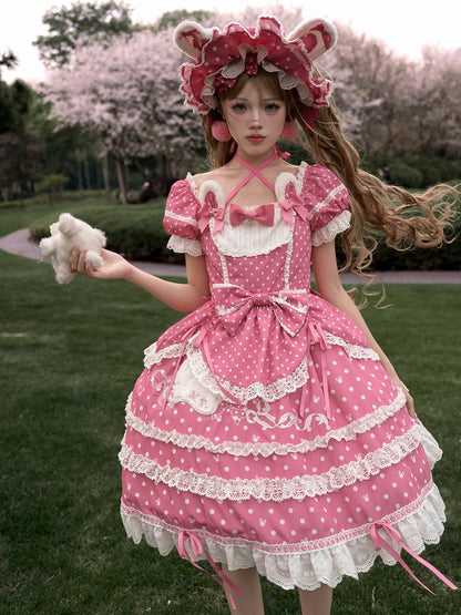 Ears Square Pattern Dress Bunny Polka Dots Lolita Neckline Pink Plush Sweet Dark