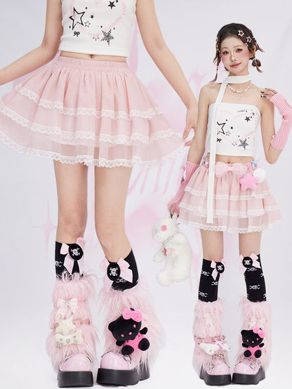 Pink Lace Trim Tiered Mini Skirt