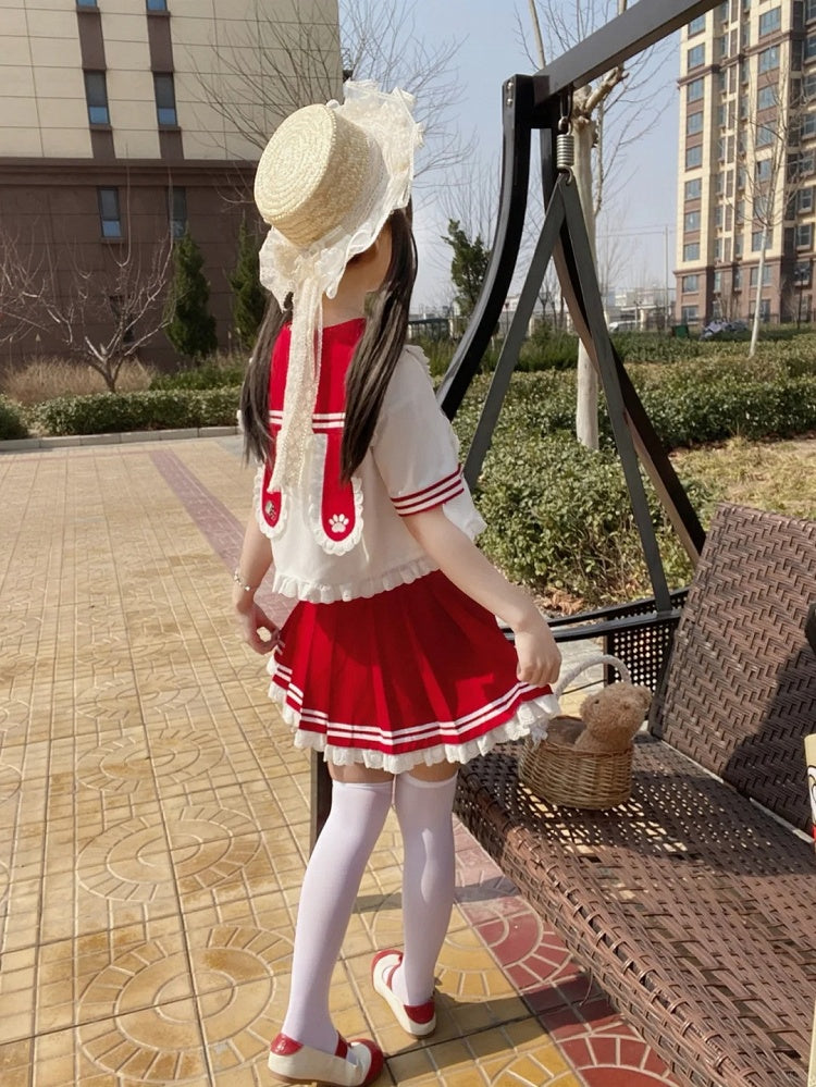 Sailor Collar Bunny Ears Design JK Ruffled Pink/Red T-Shirt Uniform