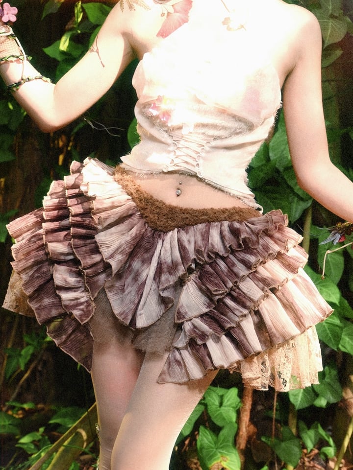 Brown Low Goth Shorts with Lining Tiered Fairy Waist Skirt Tie Ruffles Dye