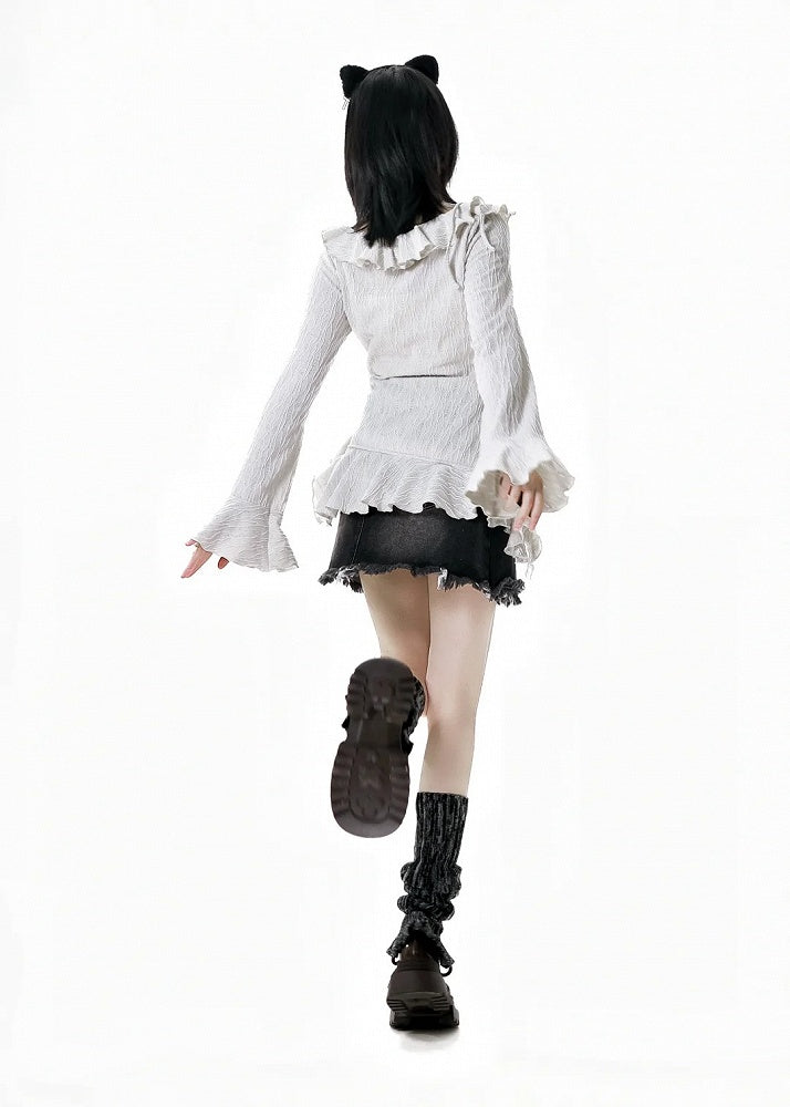 Y2K Black Star Appliques Raw Hem Denim Skirt with Buckle Belt