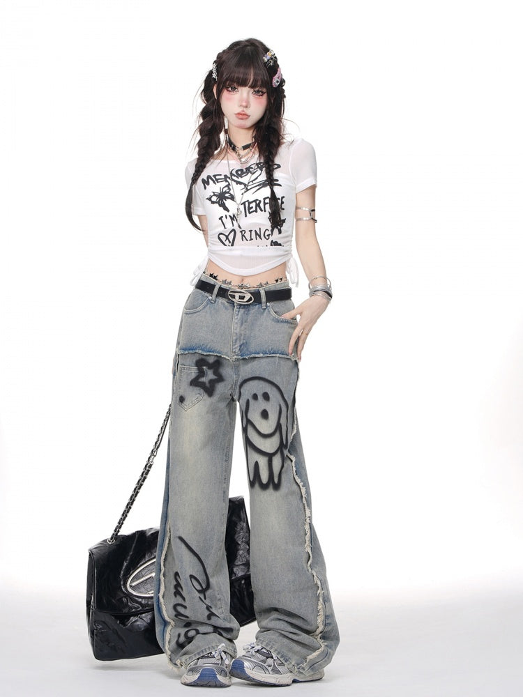 Blue Puppy Print Wide-leg Jeans