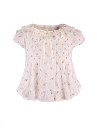 Dollcore Bluse Beige Blumen Rüschenbesatz Print Mit