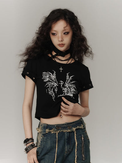 Black Wings Print Cotton Cropped T-shirt