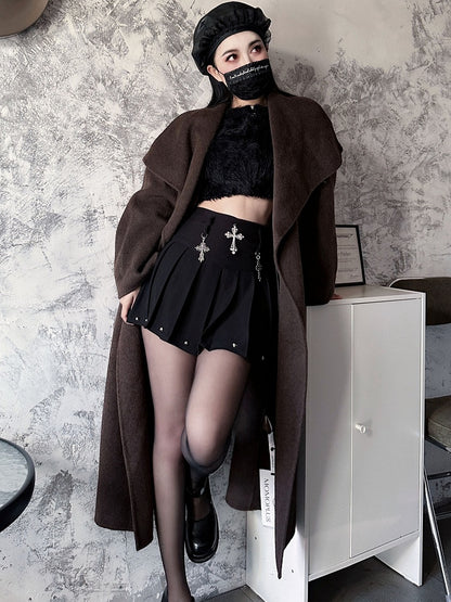 Y2K Black Cross Charms High Waist Studs Punk Pleated Skirt