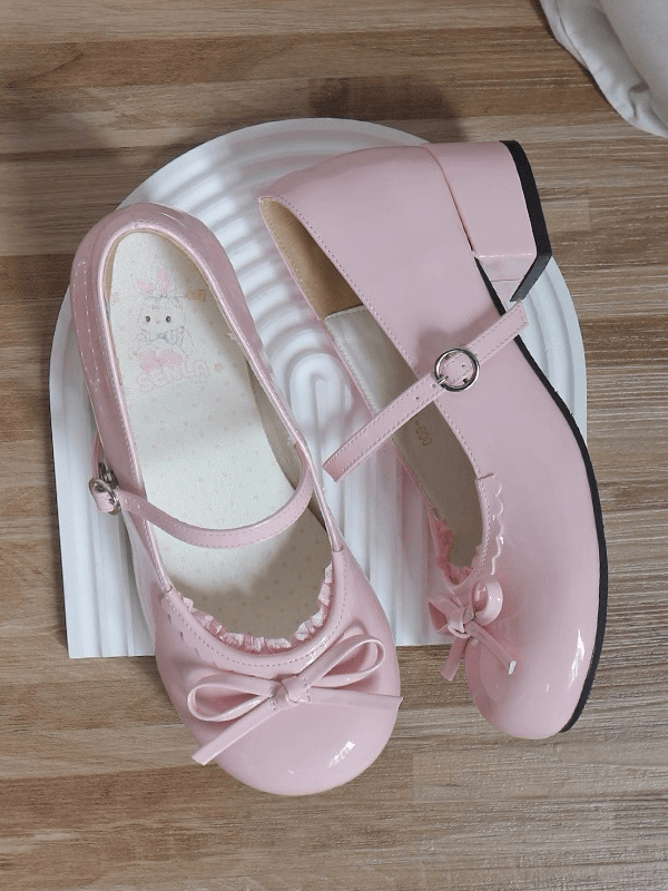 Bow Trim Pink Jane Round - Knotted Top Shoes Sweet Lace Lolita Low-heel Toe Mary