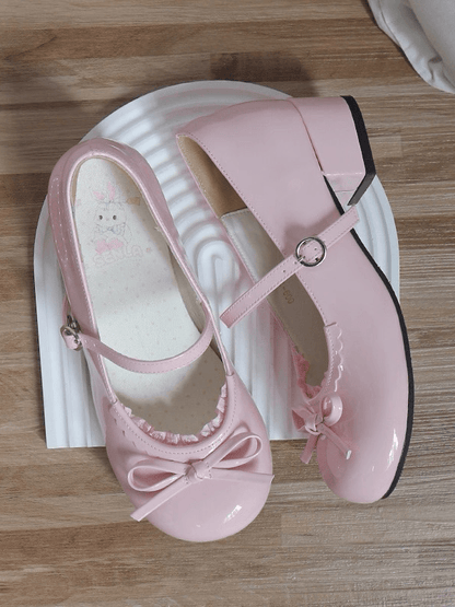 Bow Trim Pink Jane Round - Knotted Top Shoes Sweet Lace Lolita Low-heel Toe Mary
