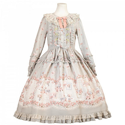 Robe Lolita douce à manches longues, motif floral et chaton, style maison rose, printemps