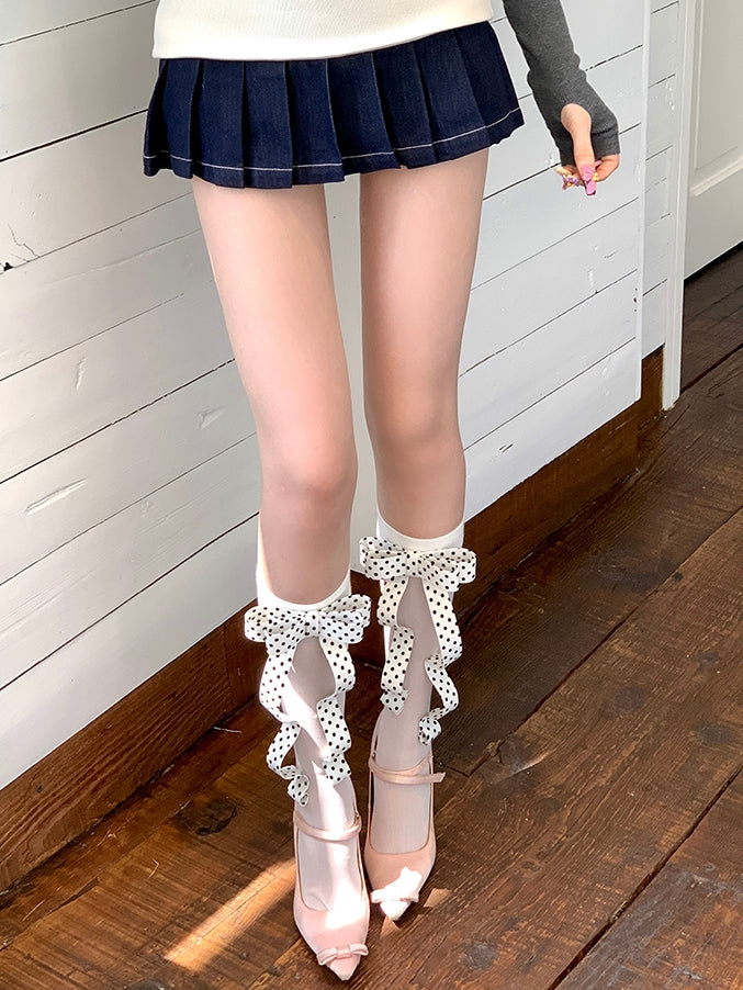 Under-knee Polka-dot Stockings White/Black Pattern Bowknot Design