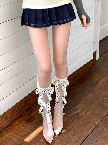 Under-knee Polka-dot Stockings White/Black Pattern Bowknot Design