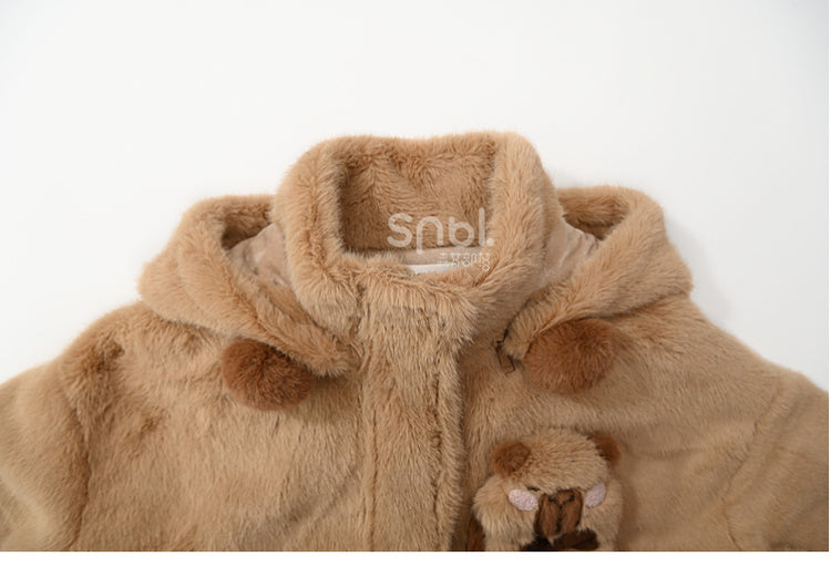 Cute Capybara Adorned Brown Plush Zip Hoodie