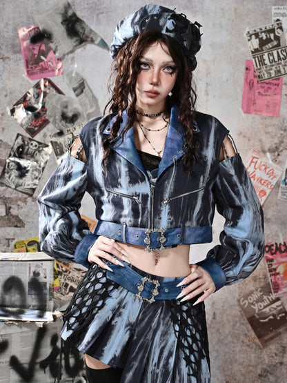 Grunge Punk Rock Blue Cutout Sleeves Tie Dye PU Moto Jacket with Free Belt